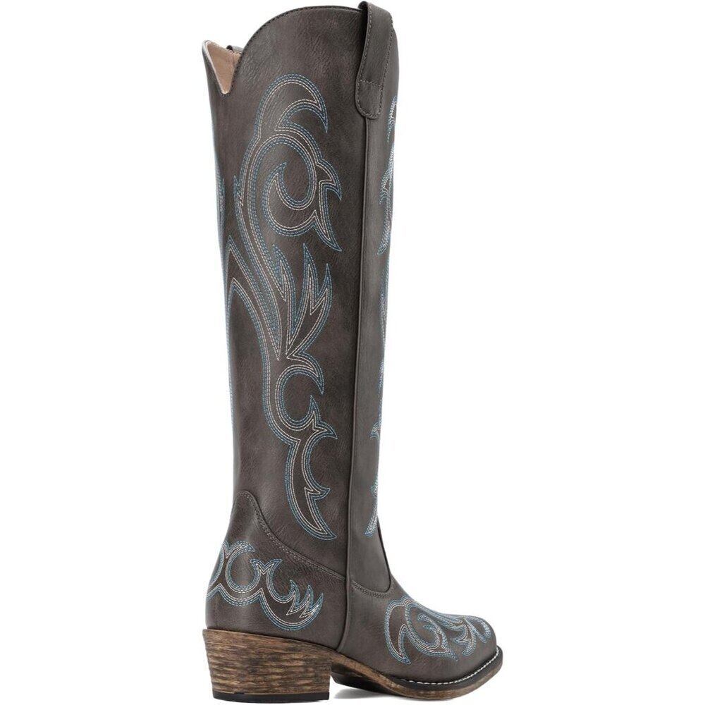 Women's Dark Brown Embroidered Cowboy Boots Comfortable Cowgirl Knee High Boots - Picture 3 of 8